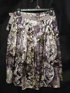 Vintage Purple Floral A-Line Skirt with Satin Waist Tie